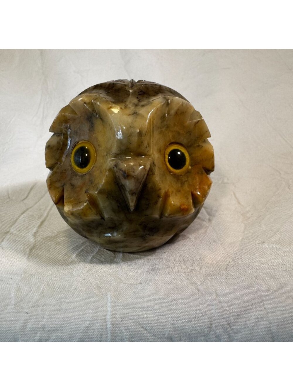 Vintage Alabaster Owl With Yellow Glass Eyes Hand Carved Sculpture Made in Italy